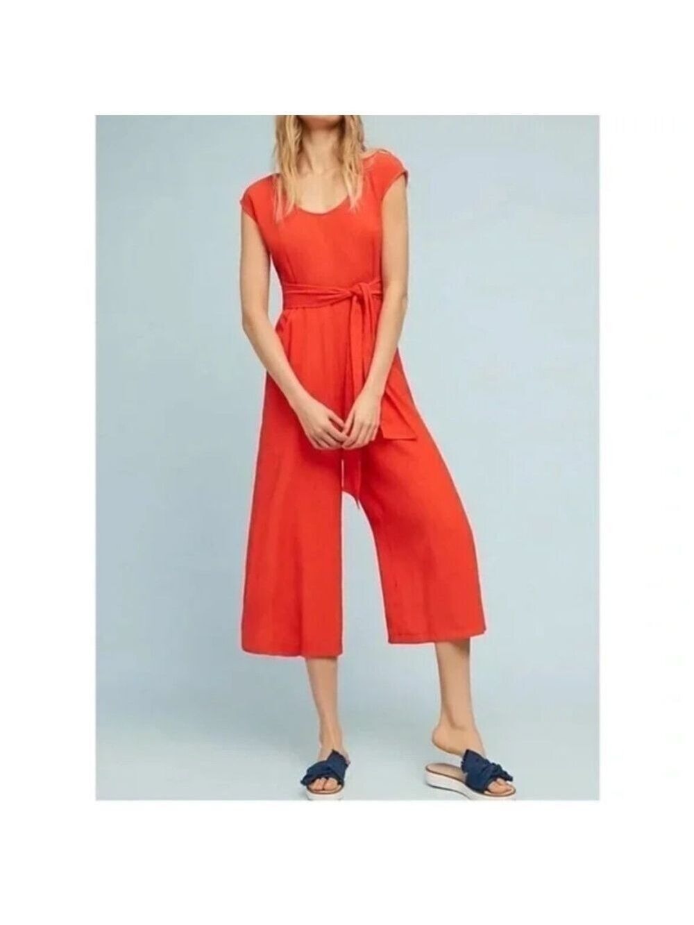Anthropologie Abbey Wide Leg Crop Jumpsuit Romper Belted Bright Orange Size 0 XS